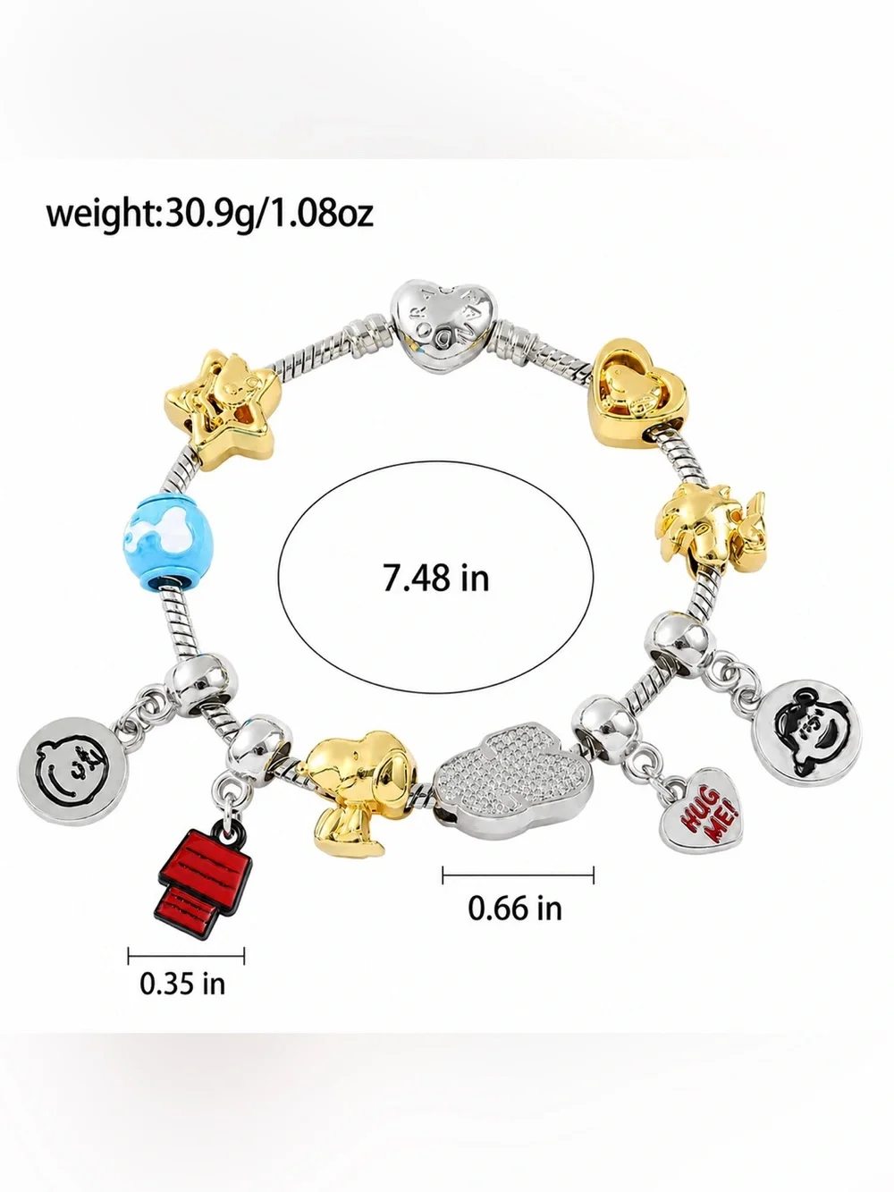 Italian Charm Bracelet Gold /Silver Tone Accents HUG ME Heart + 10 Charms NWOT